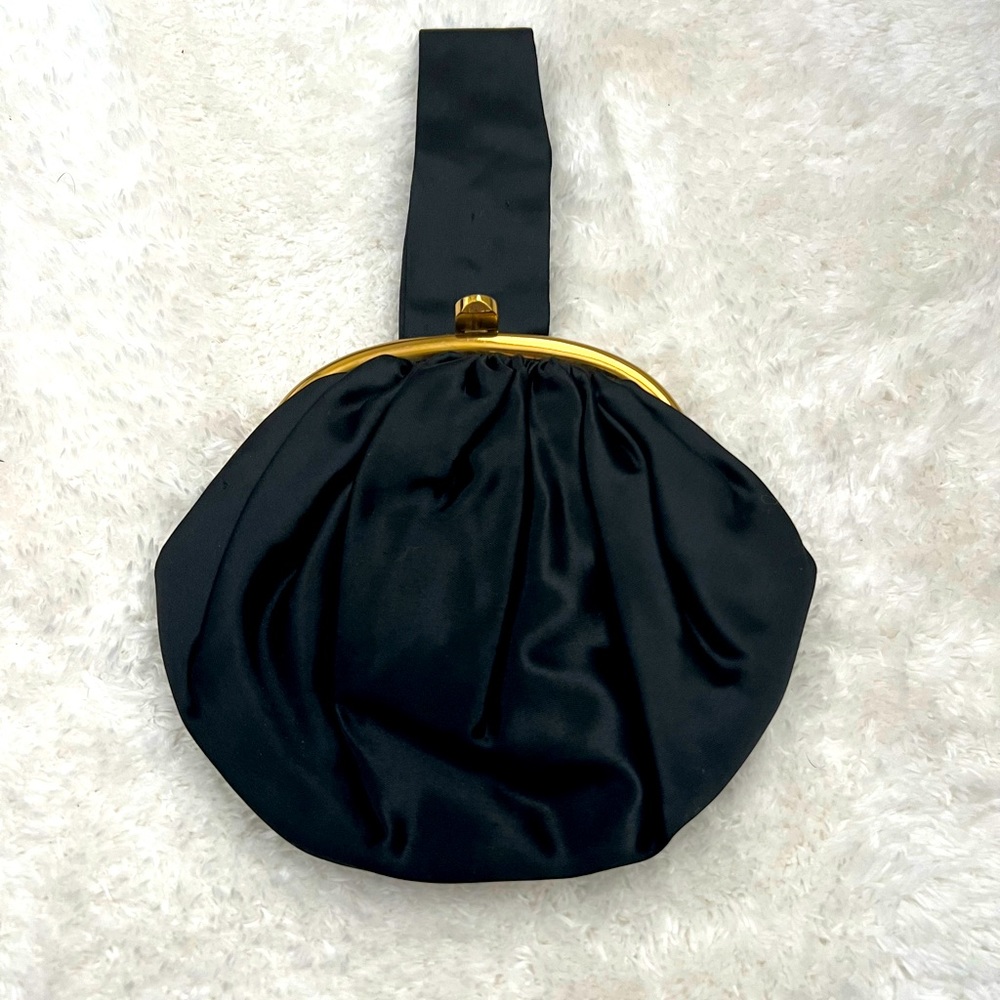 Glam black satin evening vintage clutch /wristlet